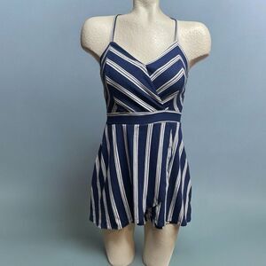 BCX Navy striped romper, wrap front, V neck, spaghetti strap, size Small